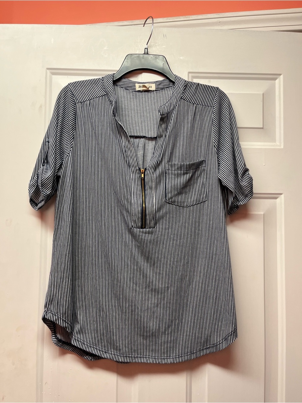 Striped Navy & White Zip-Front Split-Neck Blouse